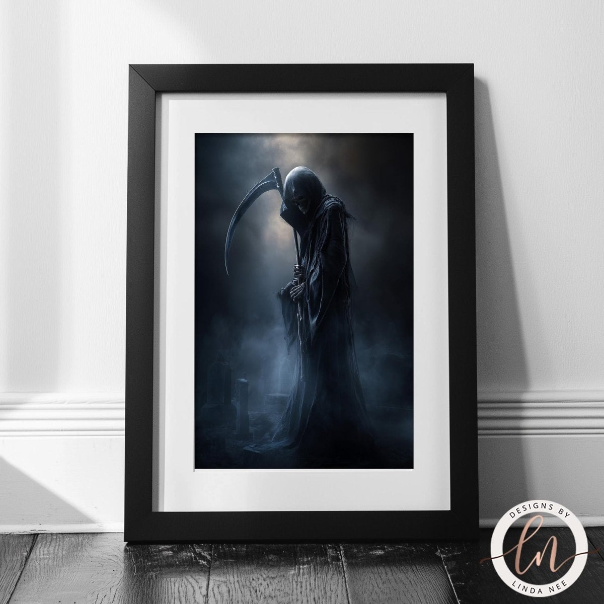 The image is a framed artwork depicting a dark, ominous figure with a long, ominous staff, set against a backdrop of mist and darkness.