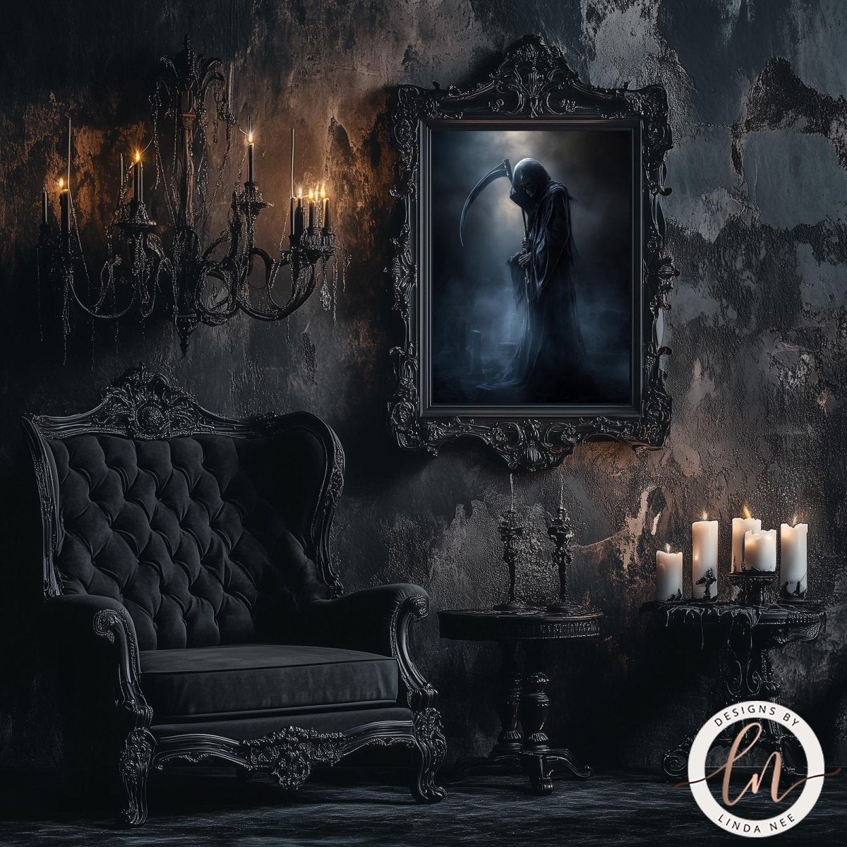 a dark, gothic-themed room with a large, ornate chandelier, a black tufted armchair, and a framed image of a figure with a scythe. The room has a dark, moody atmosphere with candles and other decorative elements.