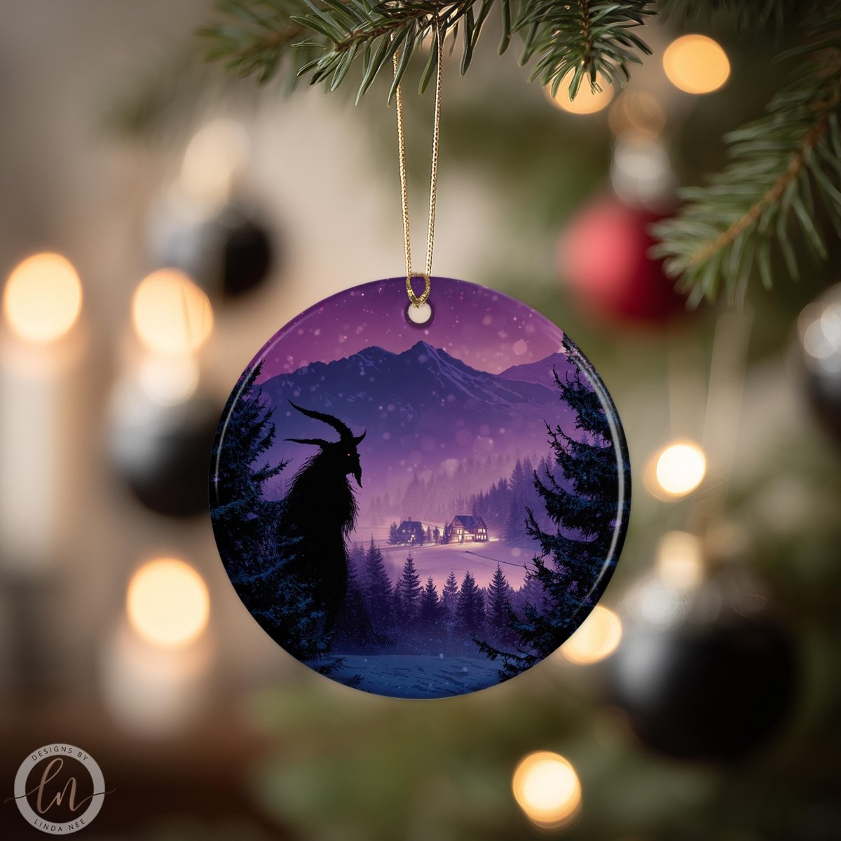 A round ornament hanging from a Christmas tree, featuring a silhouette of a person with horns and a goat-like appearance against a snowy mountain landscape.