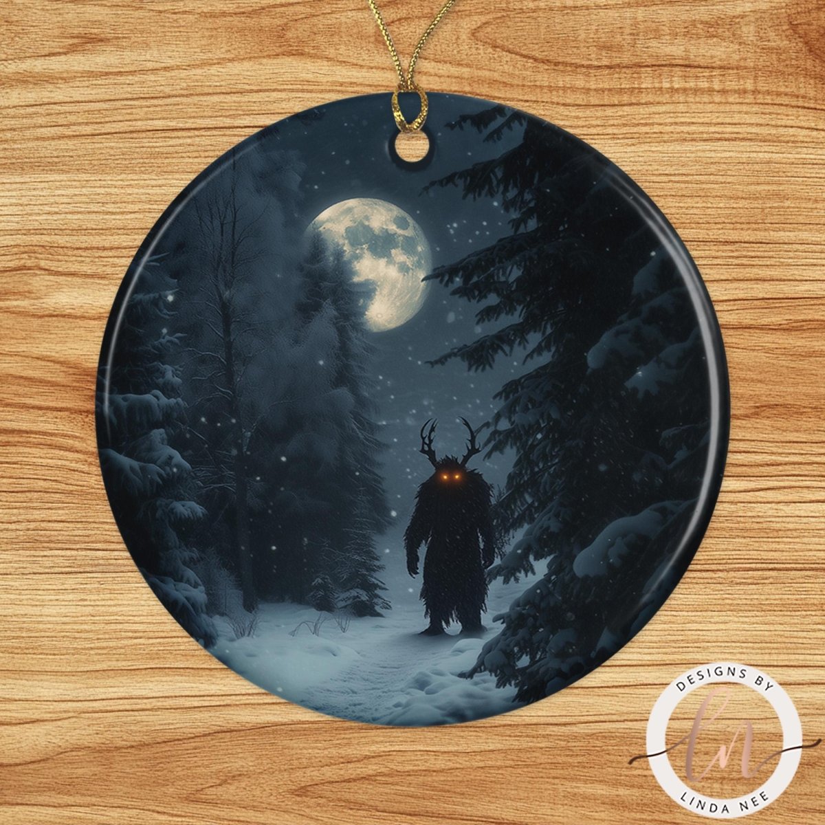 A dark, mysterious figure with glowing eyes stands in a snowy forest under a full moon, creating an eerie and haunting atmosphere.