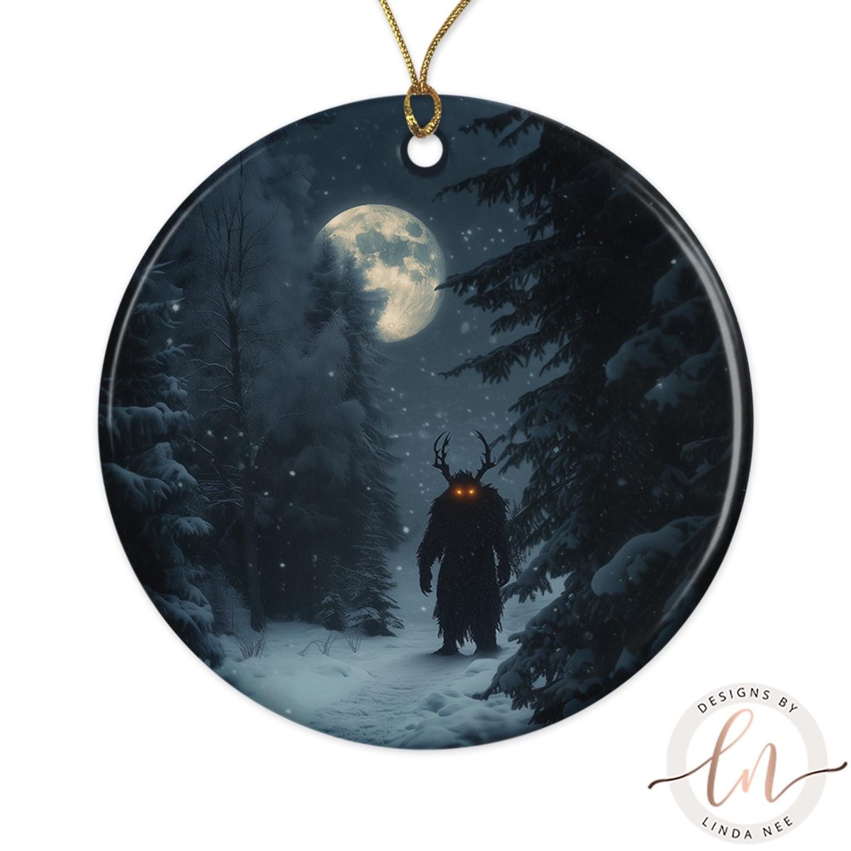 A dark, mysterious figure with glowing eyes stands in a snowy forest under a full moon, creating an eerie and otherworldly atmosphere.