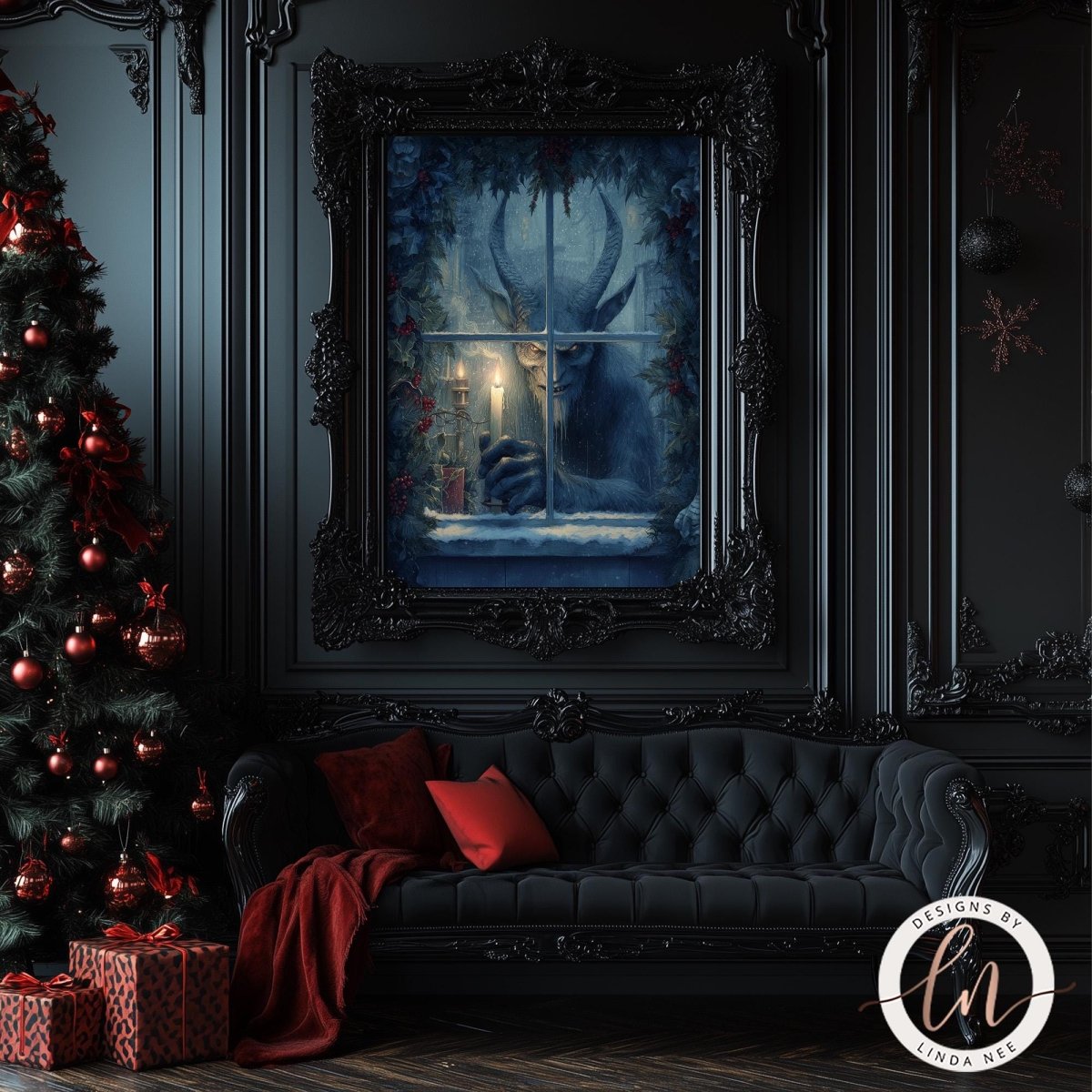 a dark, gothic-themed room with a large, ornate painting of a monster or beast peering out from a window. The room is decorated with a Christmas tree, red ornaments, and a couch with red pillows. The overall atmosphere of the room is mysterious and eerie, with the dark color palette and the presence of the monster painting adding to the Gothic ambiance.