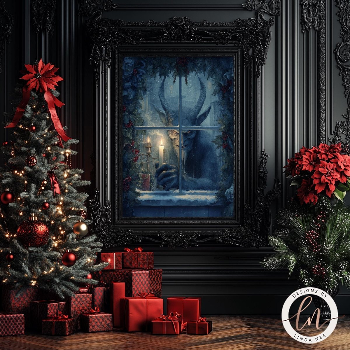 a Christmas scene with a large framed painting of a monster peering through a window, surrounded by a decorated Christmas tree, red poinsettias, and a pile of wrapped presents.