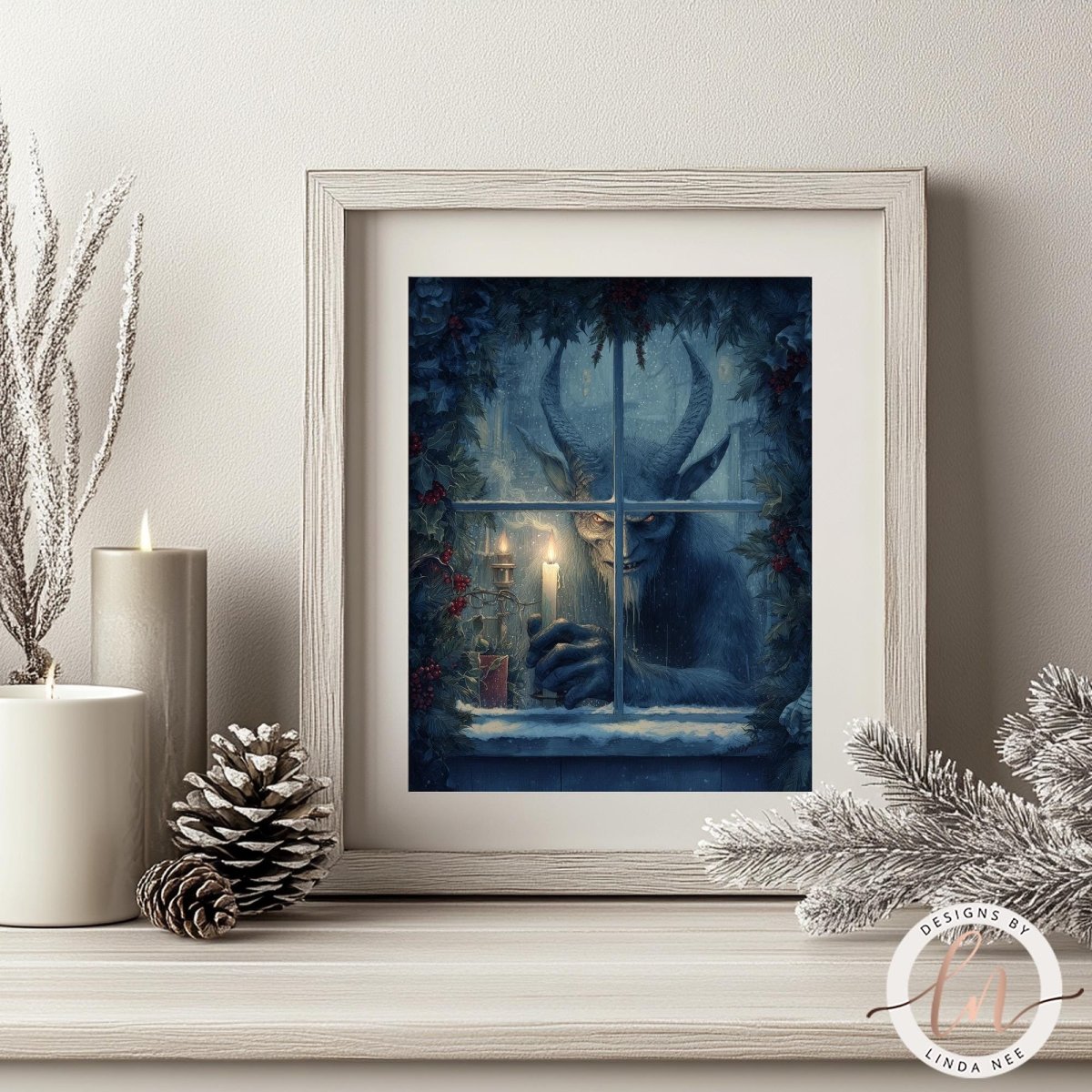 a framed artwork depicting a large, eerie creature with horns and a glowing face, sitting in a window with a candle and pine cone nearby.