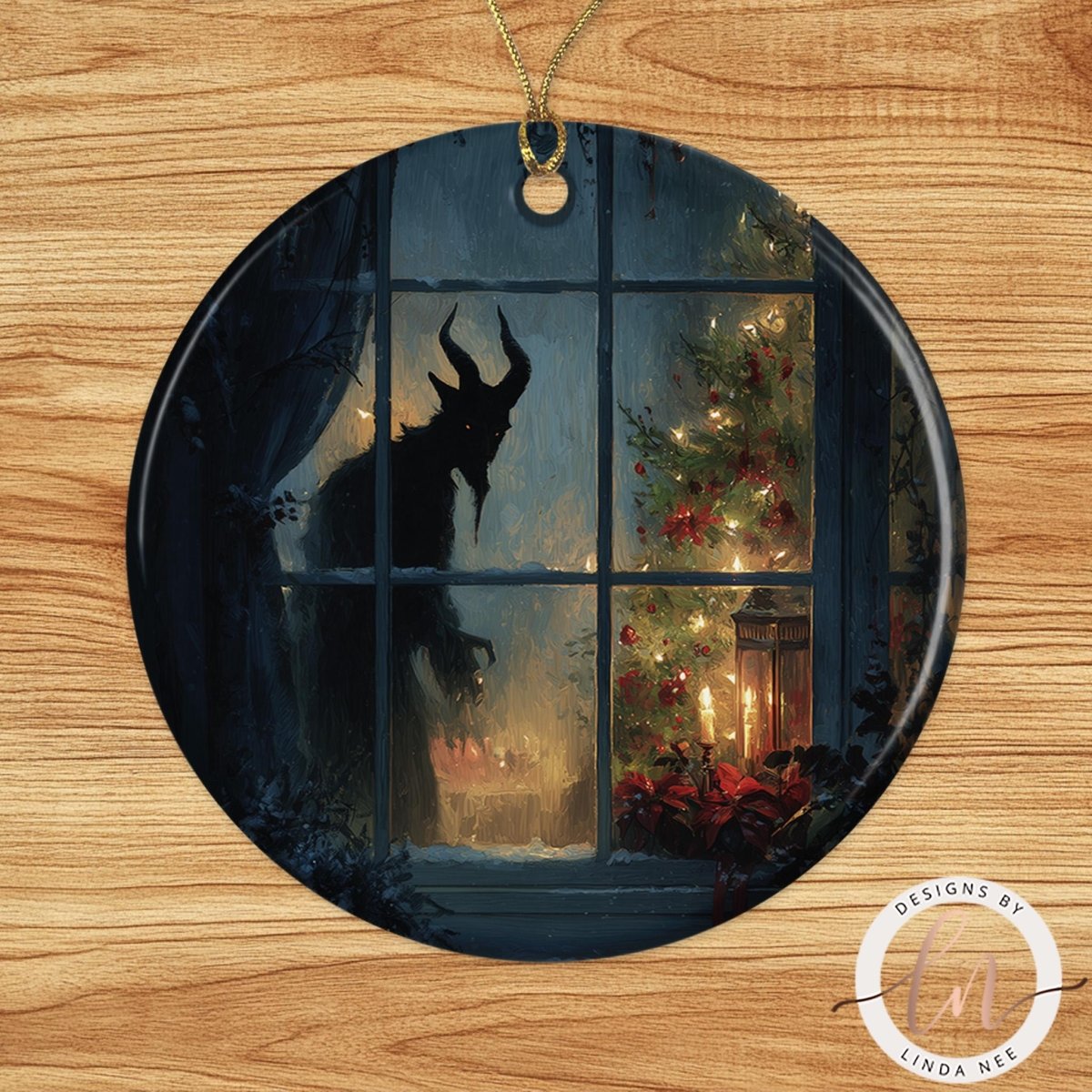 A dark, ominous figure is seen through a window, with a Christmas tree and decorations visible in the background.