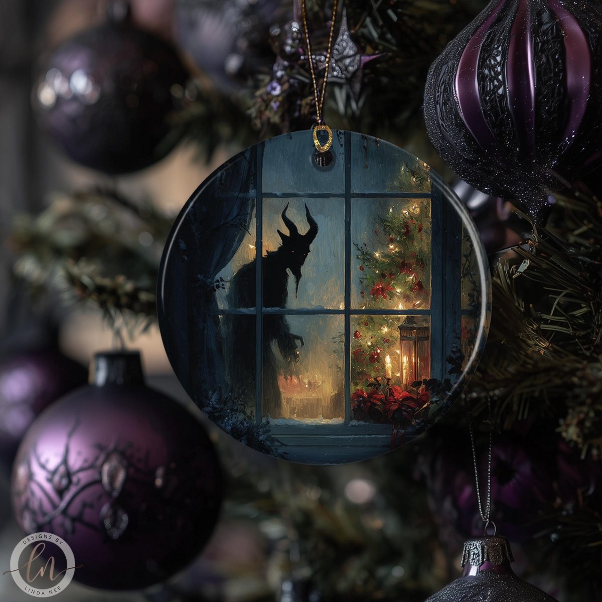 a dark, spooky scene of a ghostly figure standing in a window, with a lit Christmas tree visible through the window.