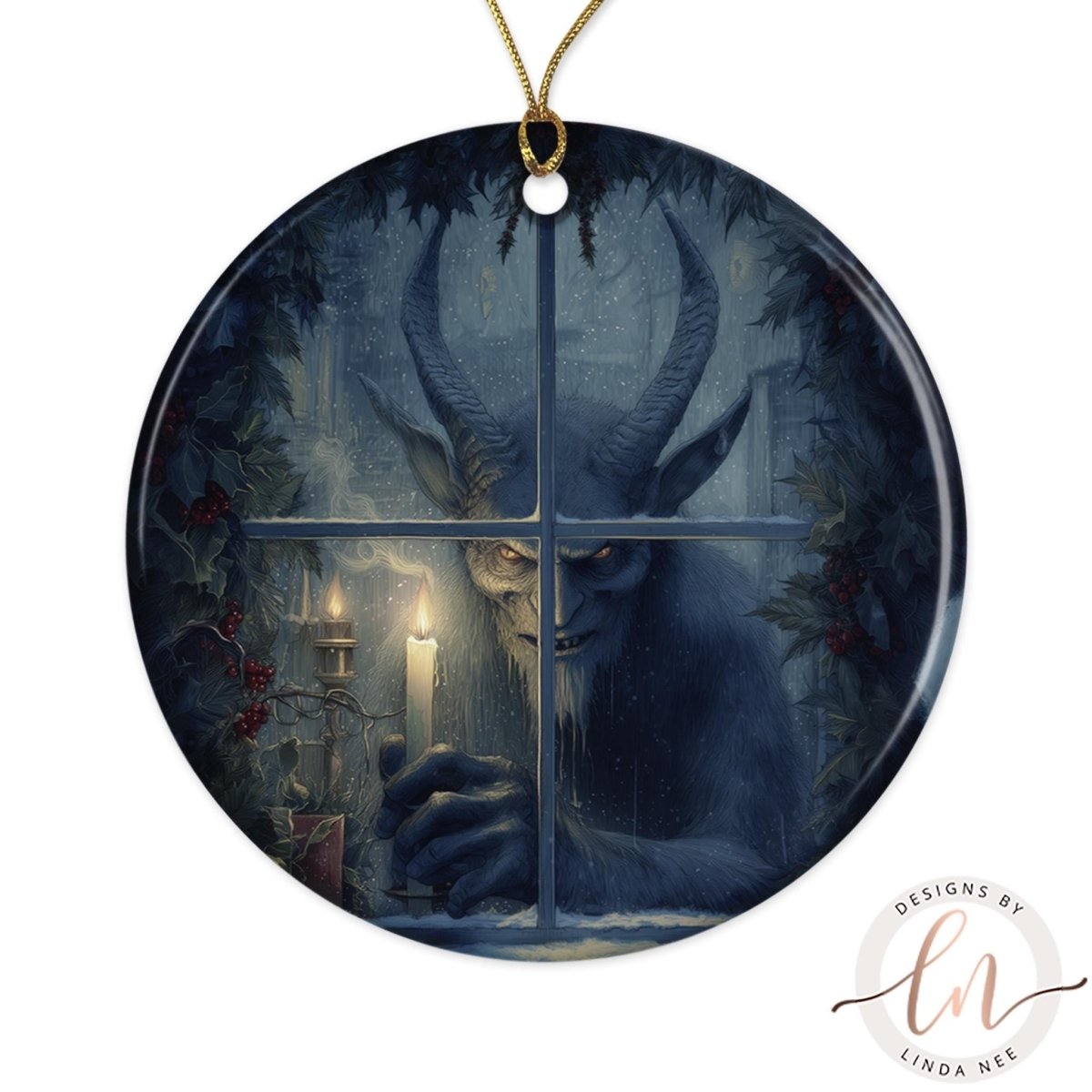 A large, circular ornament featuring a dark, ominous figure with horns and a glowing candle in a snowy, forest-like setting.