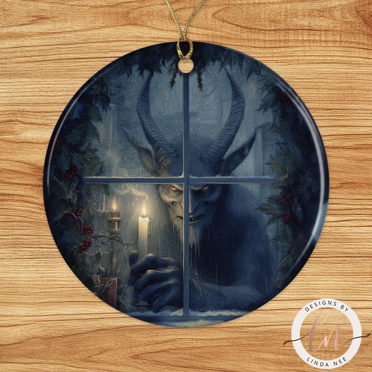 A dark, ominous figure with horns and a glowing candle is depicted in a window, surrounded by a snowy, forest-like setting.