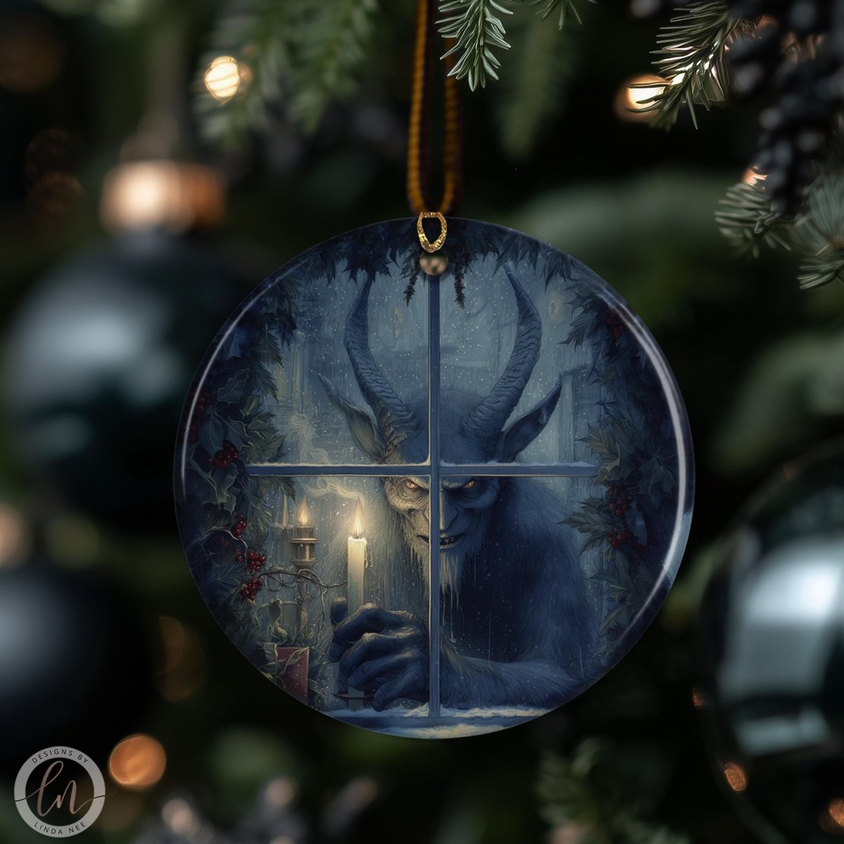 A circular ornament featuring a dark, ominous figure with horns and a glowing candle in a snowy, forest-like setting.