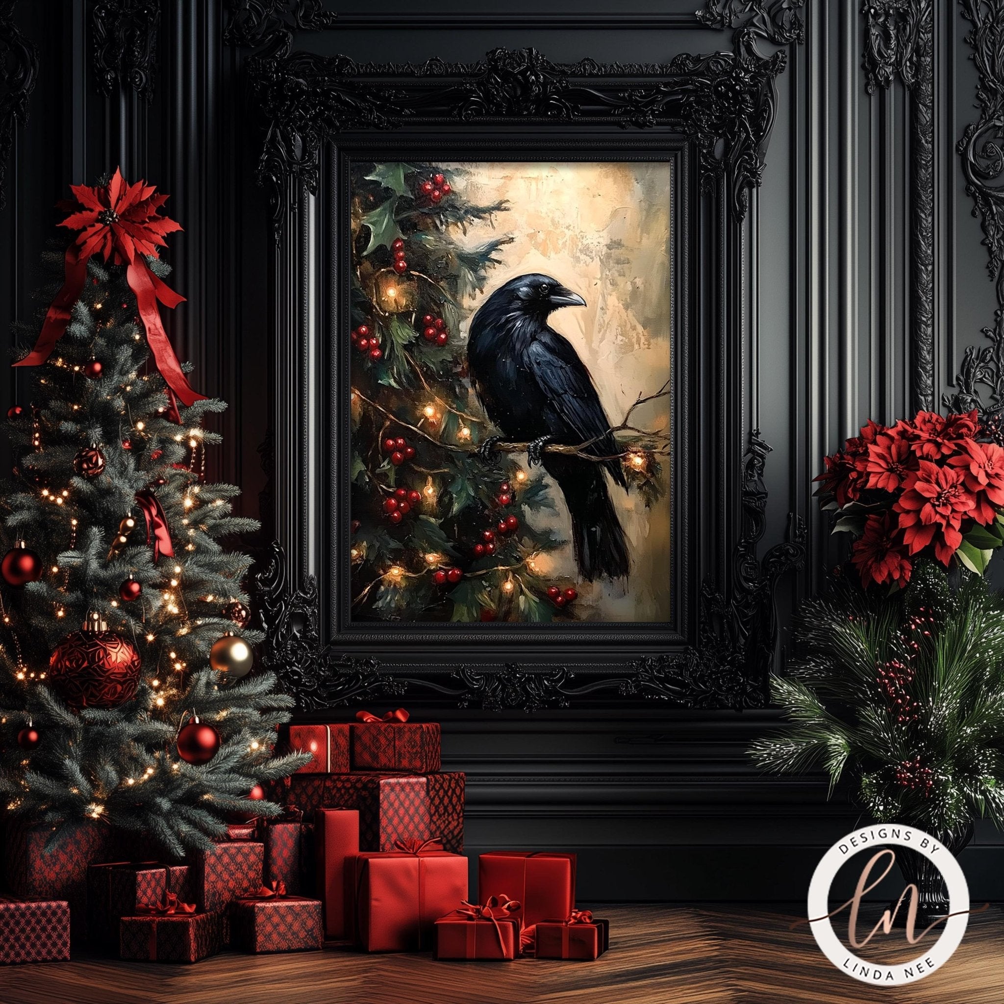 Gothic Raven on Christmas Tree Wall Art - Metal & Fine Art for Holiday Decor