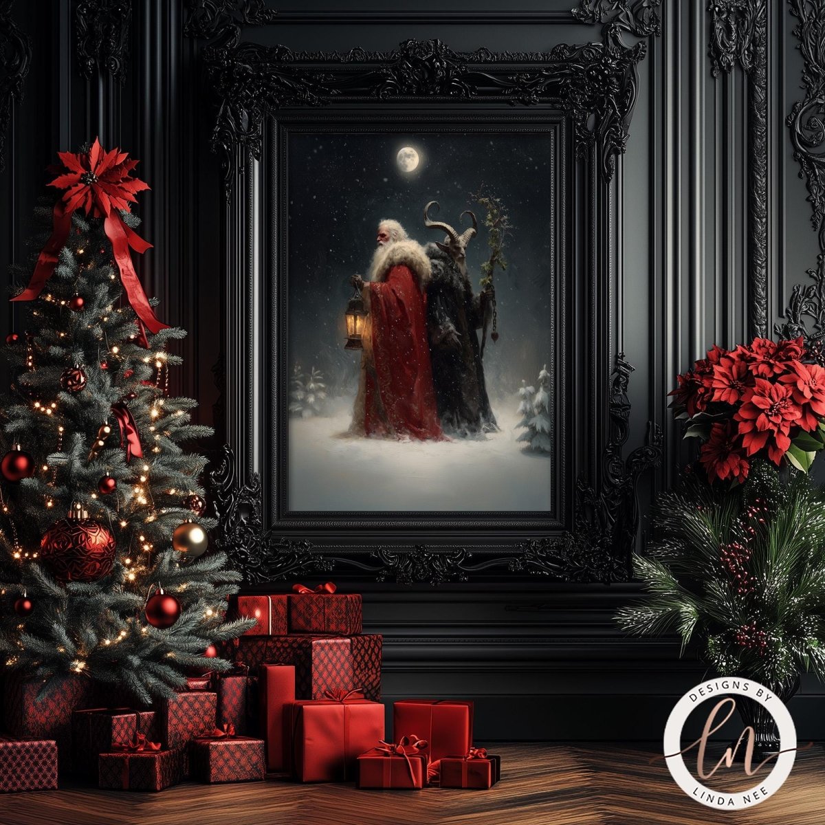 a festive Christmas scene with a beautifully decorated Christmas tree, a framed painting of Santa Claus, and a pile of red presents.