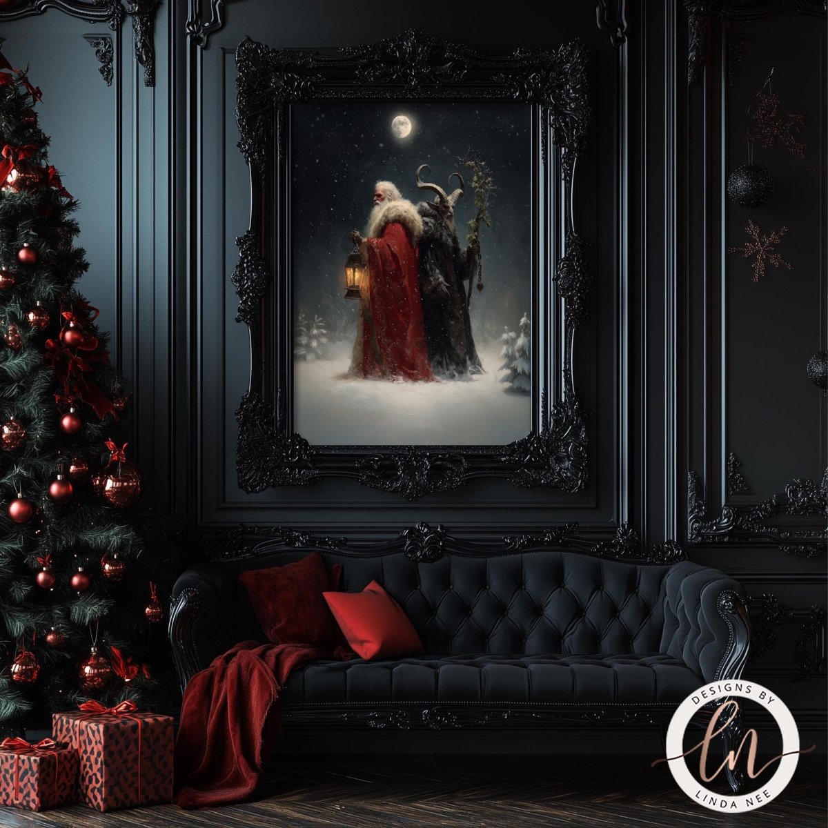 a dark, ornate room with a large, ornate painting of two figures in a snowy landscape hanging on the wall. The room also includes a couch, a Christmas tree, and some presents.