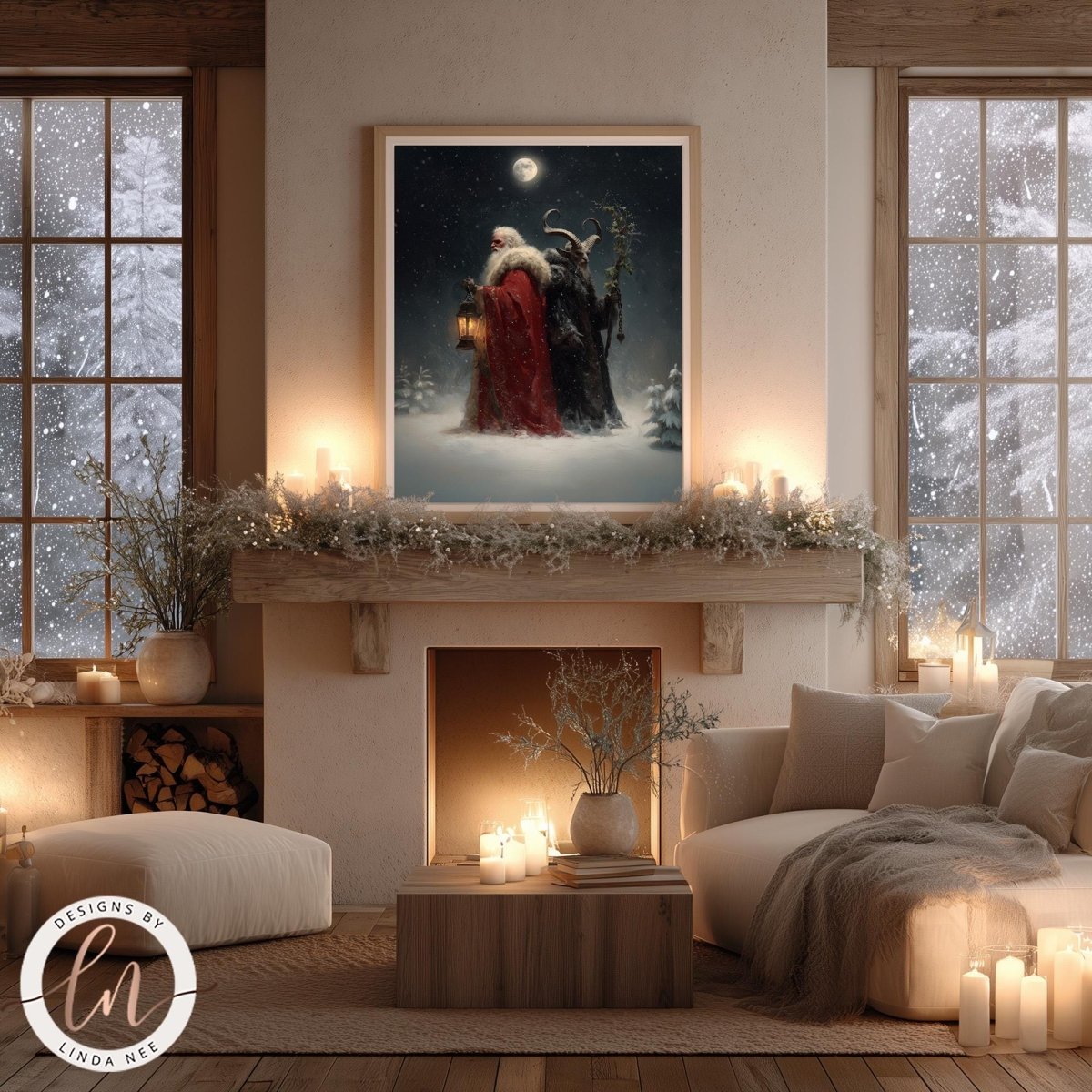 a cozy and festive living room decorated for Christmas, with a fireplace, a large framed painting of Santa Claus and the devil, and various candles and ornaments creating a warm and inviting atmosphere.