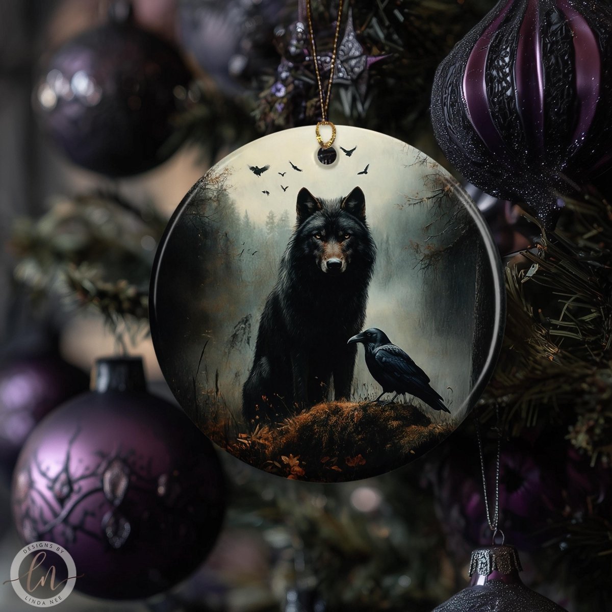 a black wolf sitting on a rock, with a black bird perched on the rock beside it. The wolf is the central focus of the image, surrounded by a forest setting.