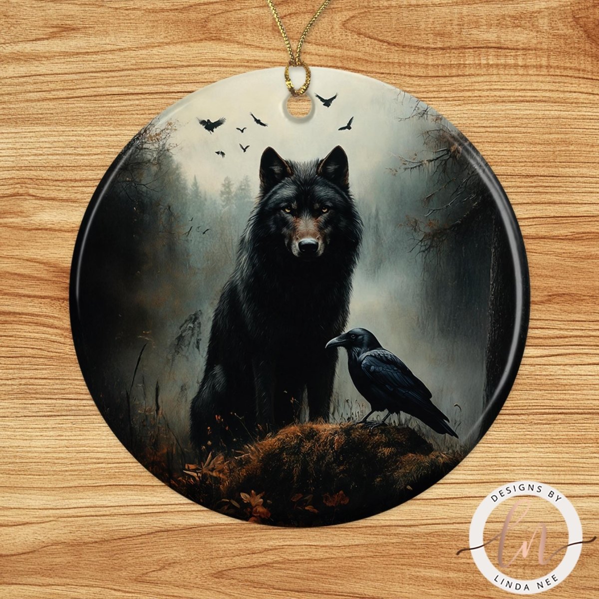 A black wolf stands on a rock in a forest, with a black crow perched nearby. The wolf is surrounded by a misty, atmospheric background with trees and birds.