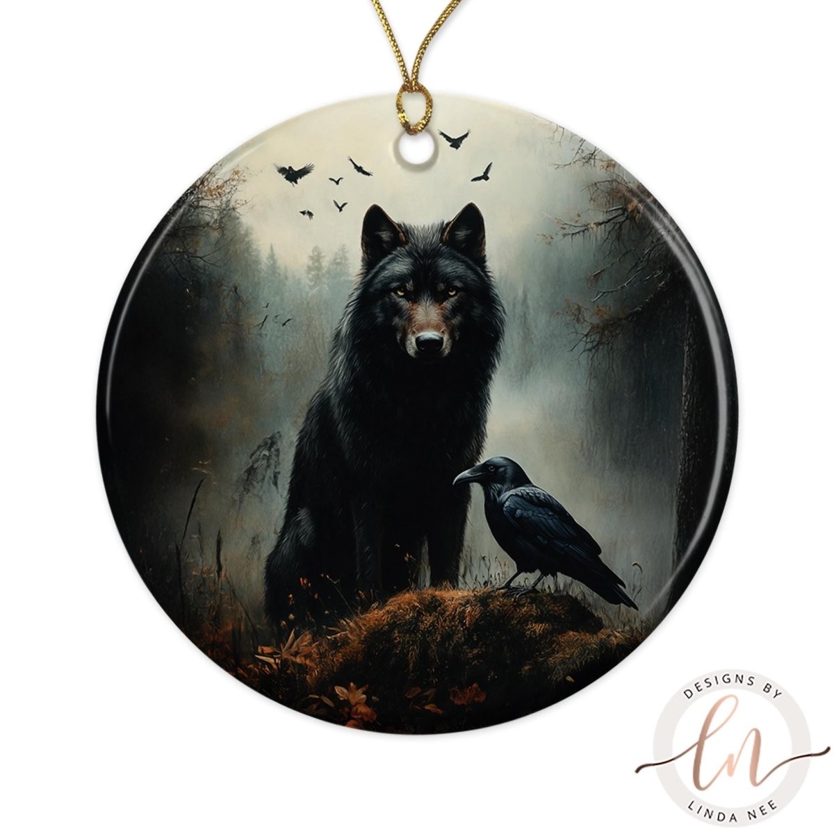 A black wolf stands on a rock in a forest, with a black crow perched nearby. The wolf is surrounded by a misty, foggy atmosphere, and several birds can be seen flying in the background.