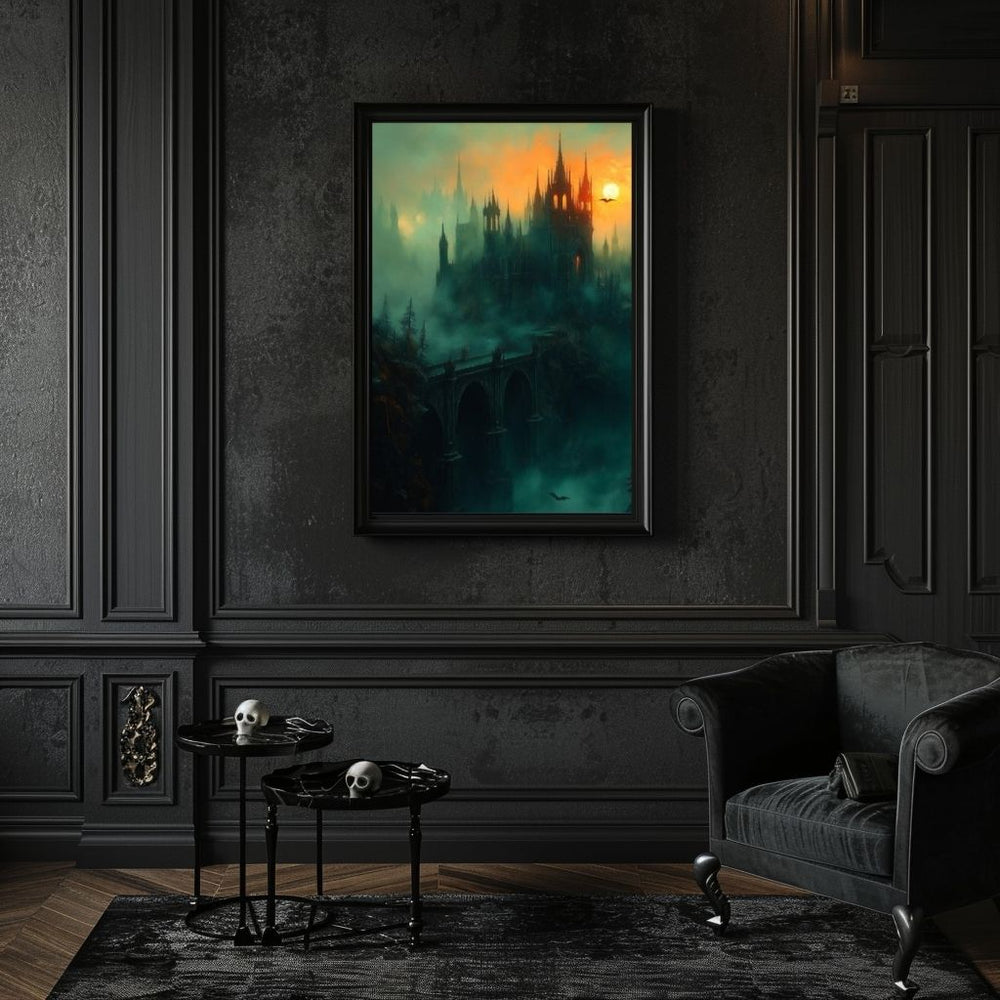 Framed artwork of a castle in a misty landscape on a dark wall in a dimly lit room.
