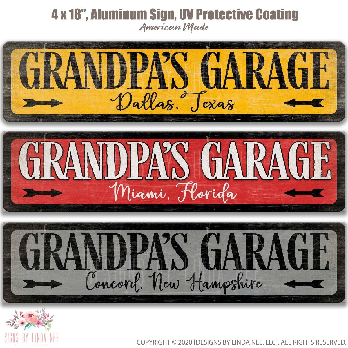 three rectangular signs with the same design, each displaying the text "GRANDPA'S GARAGE" in different colors and styles. The signs are described as "4 x 18" and "UV Protective Coating" and are made of "Aluminum". The signs are labeled as "American Made".