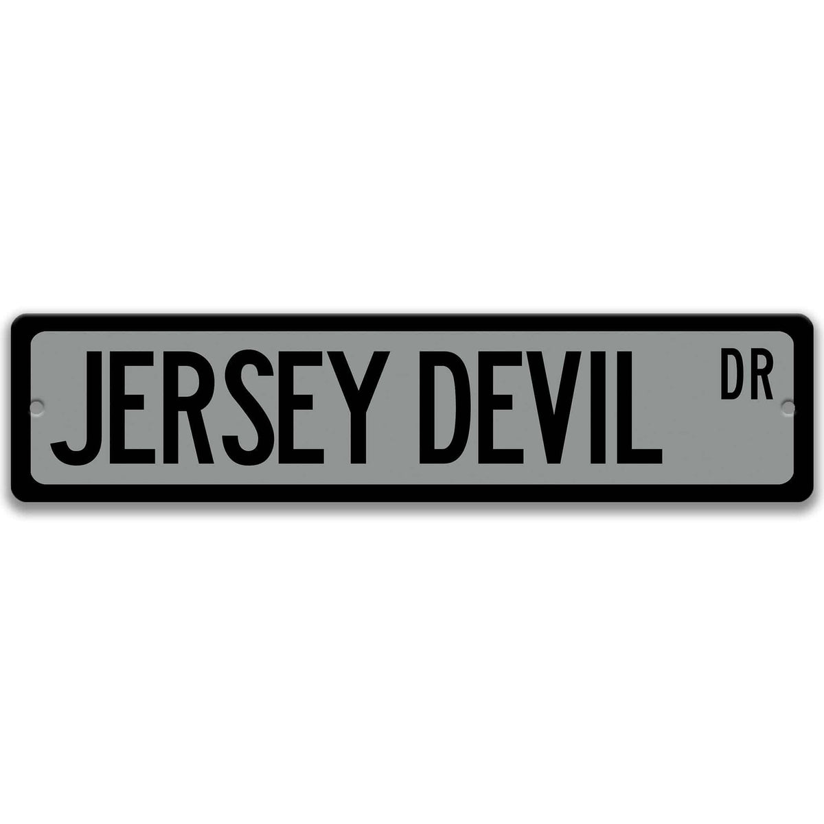 Gray Jersey Devil aluminum street name sign with black lettering, alternate layout