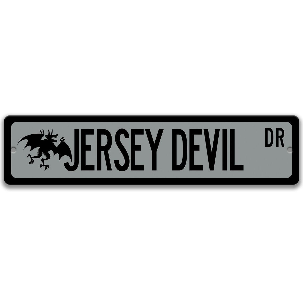 Gray Jersey Devil aluminum street name sign with black lettering