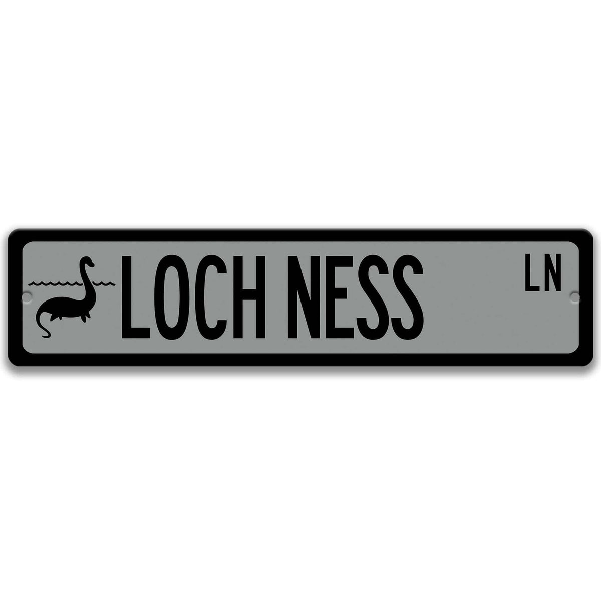 Gray Loch Ness Monster aluminum street name sign with black lettering