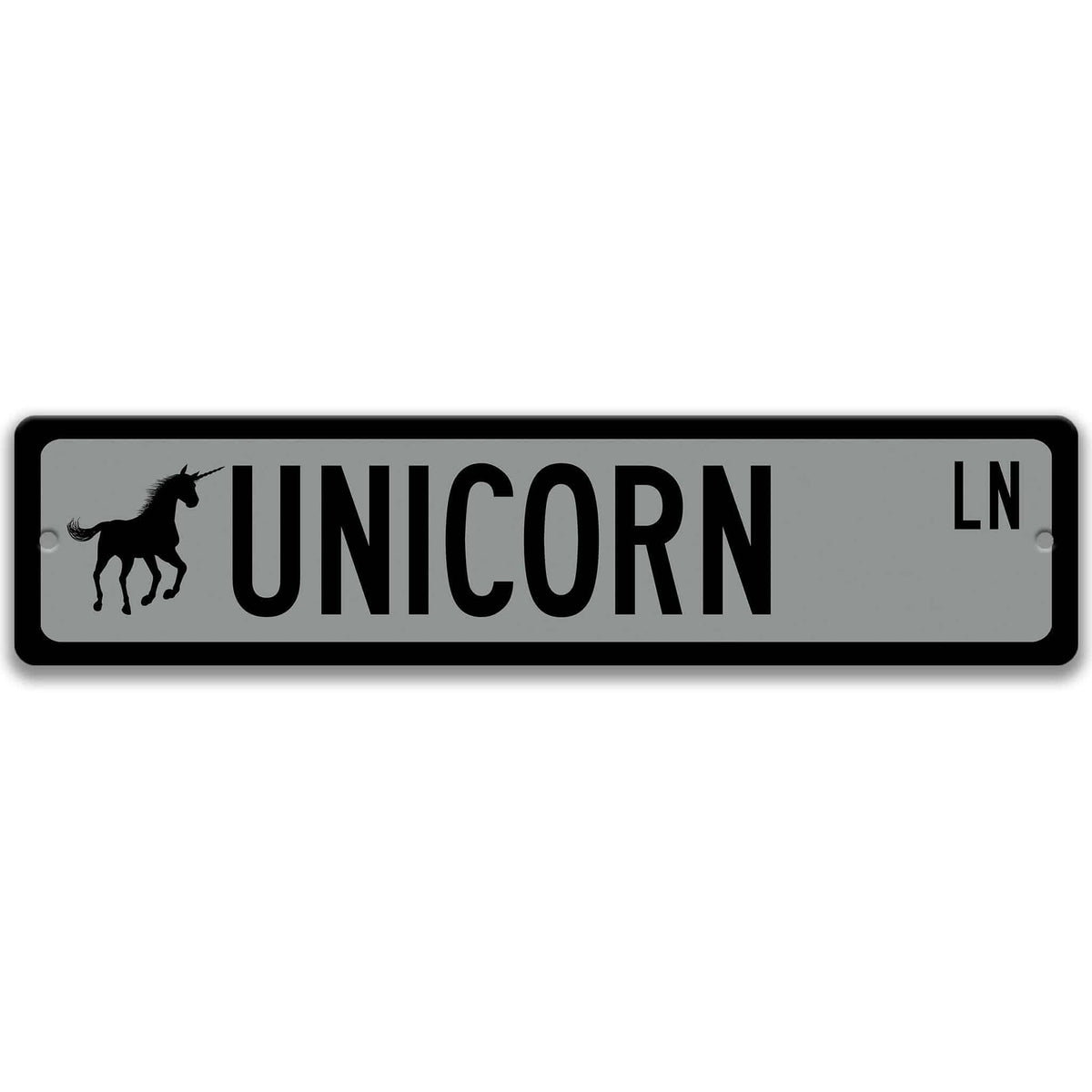 Gray Unicorn aluminum street name sign with black lettering