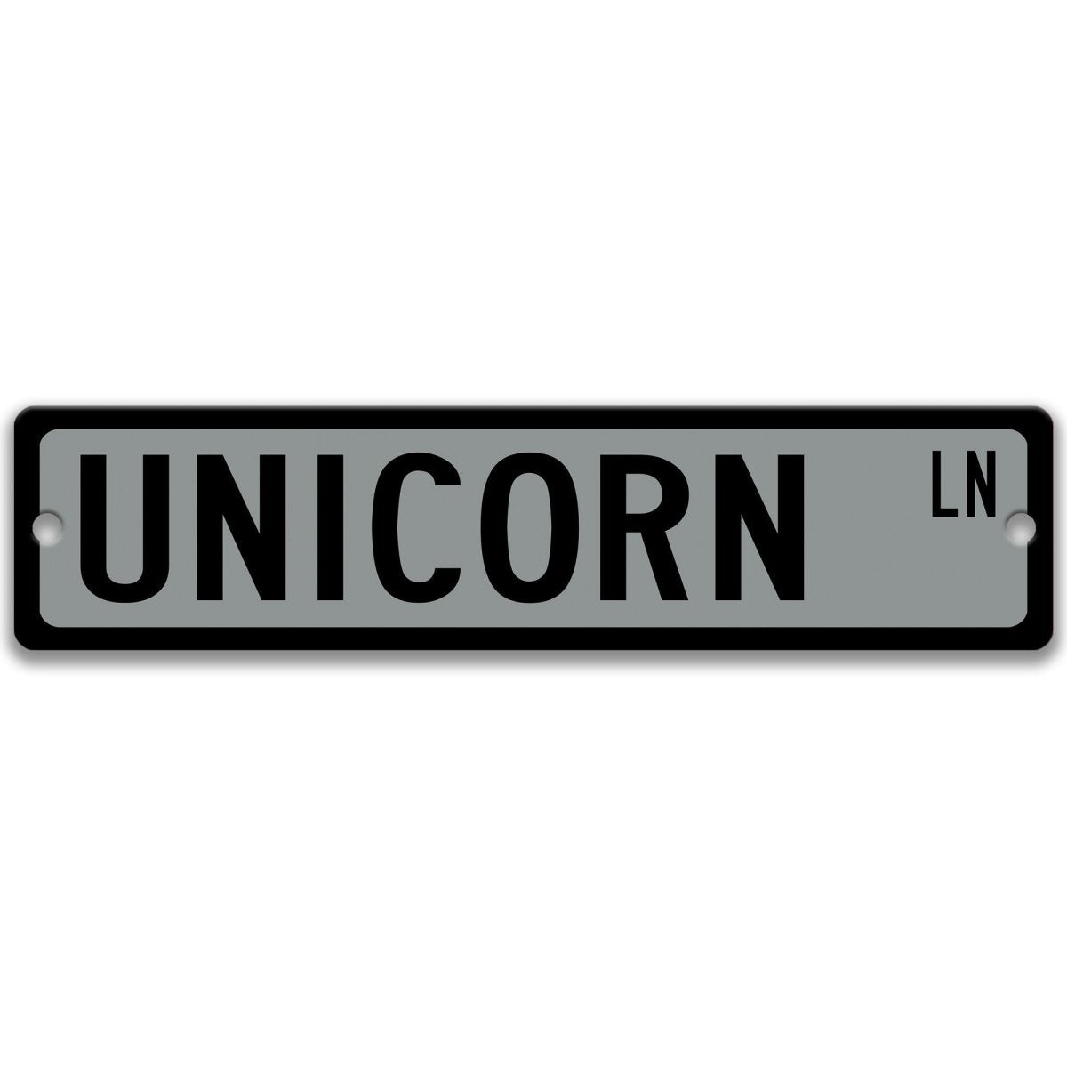 Gray Unicorn aluminum street sign with black lettering