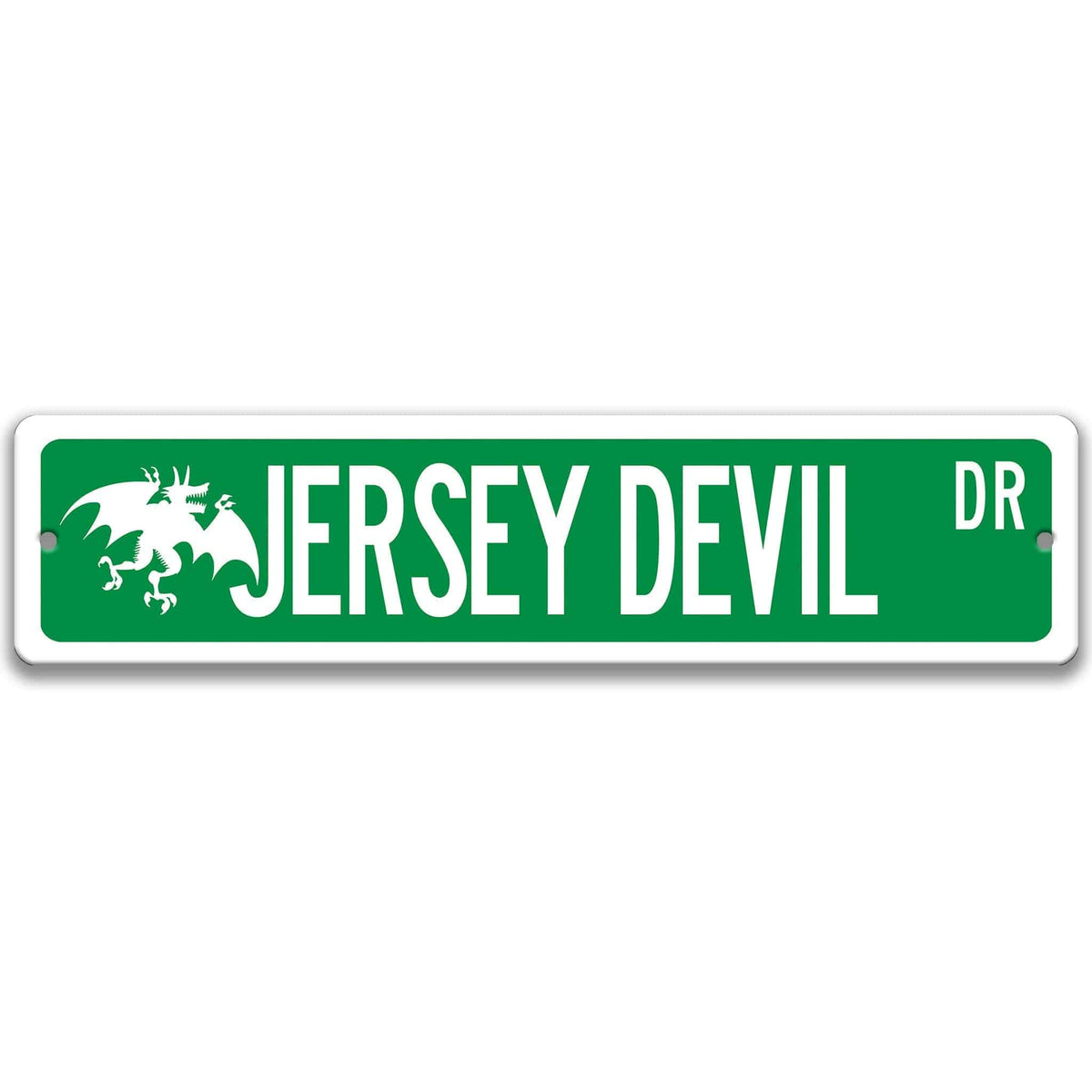 Green Jersey Devil aluminum street name sign with white lettering