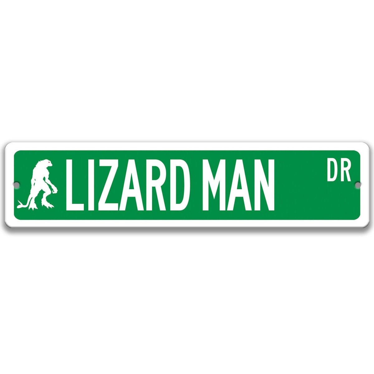 Green Lizard Man aluminum street name sign with white lettering