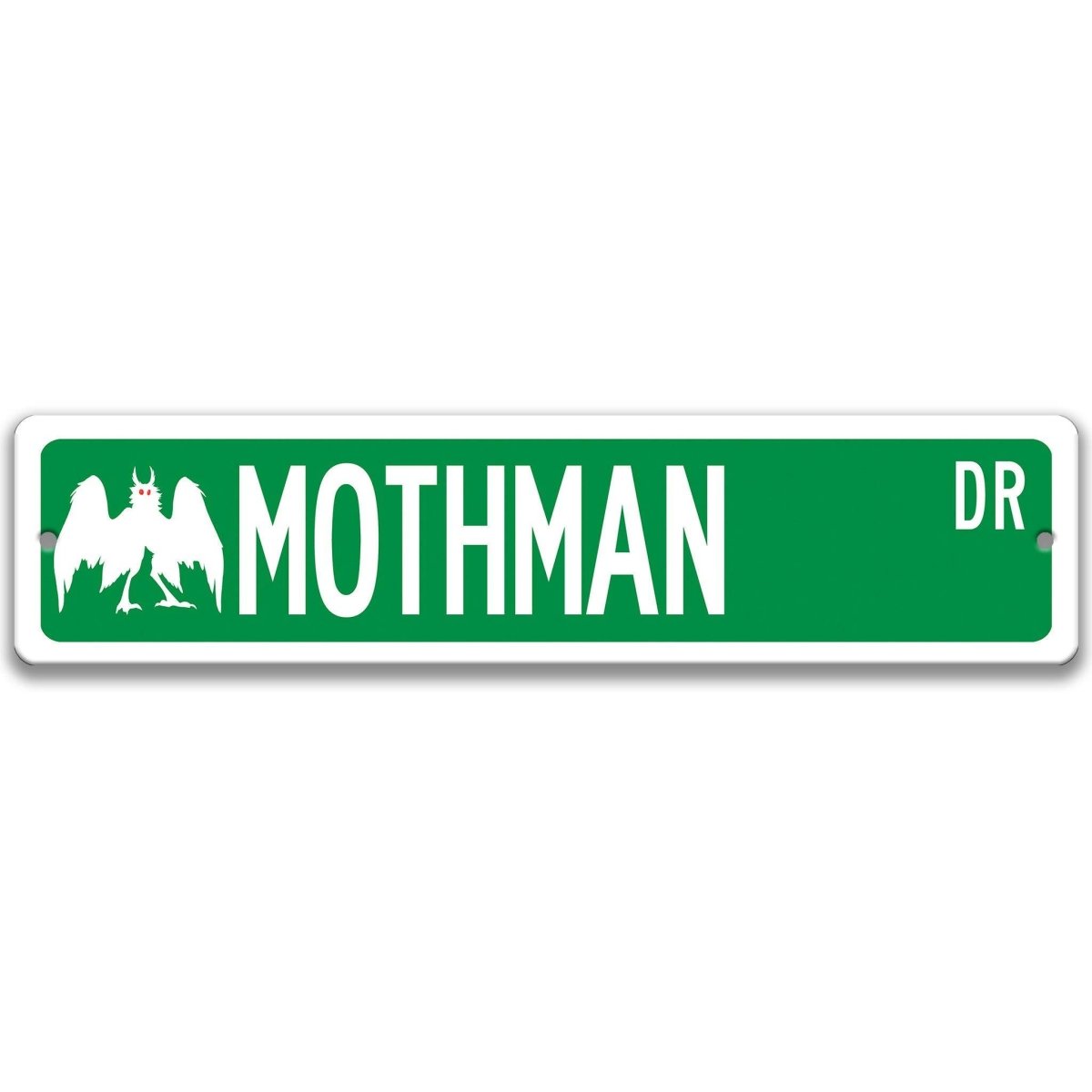 Green Mothman aluminum street name sign with white lettering, alternate layout