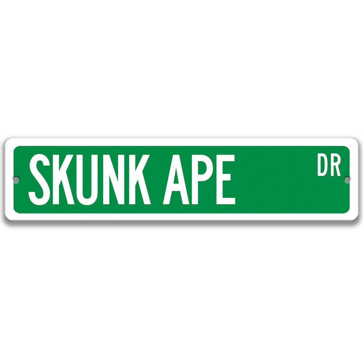 Green Skunk Ape aluminum street name sign with white lettering, alternate layout