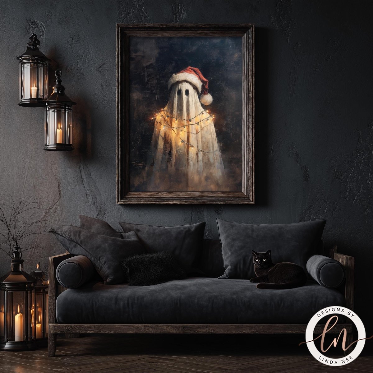 a framed painting of a ghost wearing a Santa hat, hanging on a wall above a black couch with a cat resting on it.