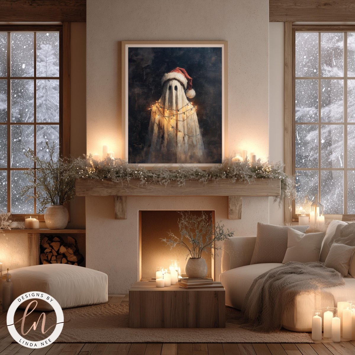 a cozy living room with a fireplace, a large framed painting of a ghost wearing a Santa hat, and a comfortable couch. The room is decorated with candles, greenery, and a wooden coffee table.