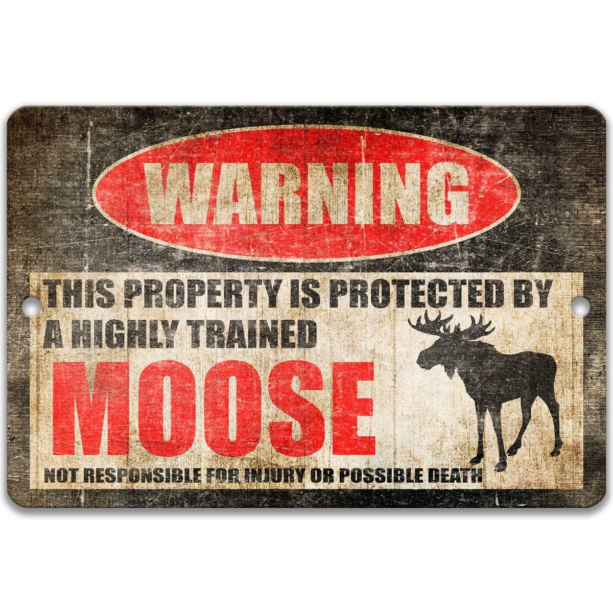 Vintage-style sign with a moose warning design on a white background
