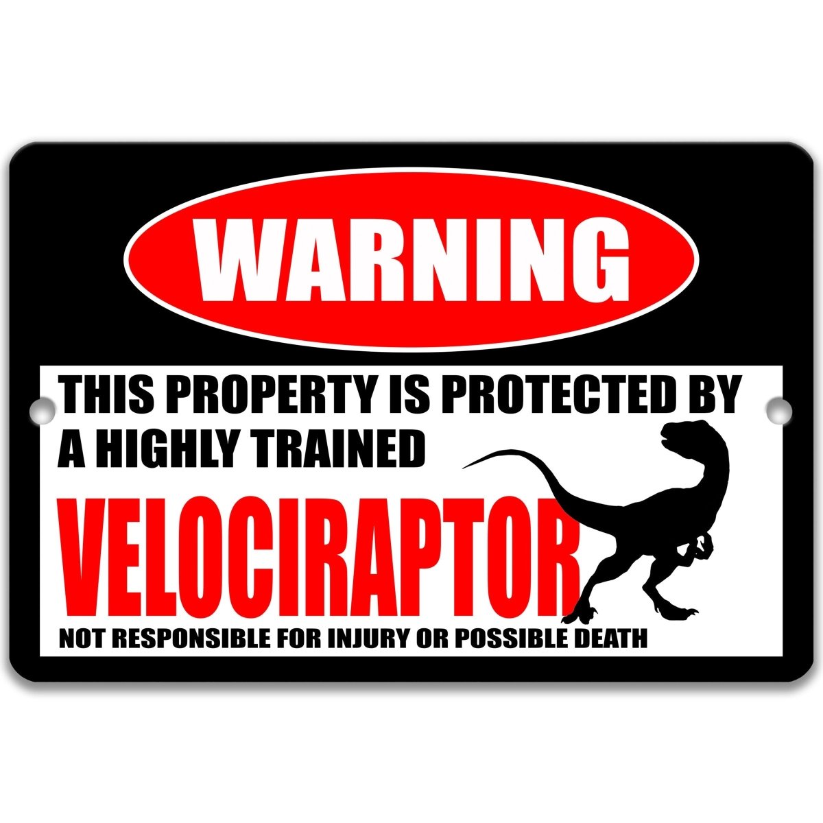 Warning sign with a velociraptor graphic on a white background
