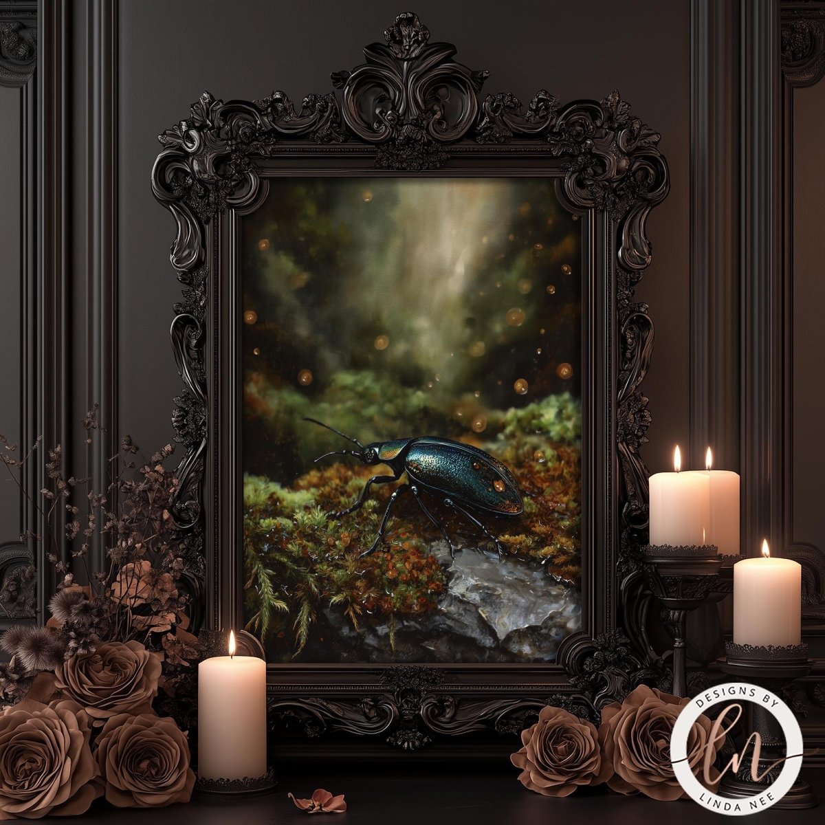 a framed painting of a green beetle on moss, surrounded by candles and flowers, creating a serene and mystical atmosphere.