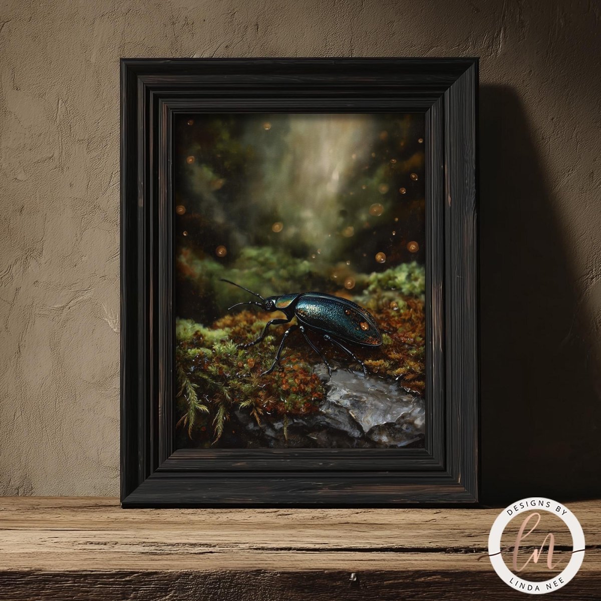 A framed painting depicting a large beetle resting on moss and rocks, surrounded by a lush, green forest environment.
