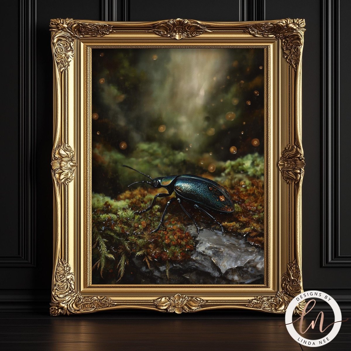 A fine art close-up of a metallic, iridescent jewel beetle with emerald and bronze coloring. It is crawling on a lush, damp moss-covered forest floor. Ethereal, glowing amber-colored bubbles or droplets float in the air around the insect against a dark, moody background.