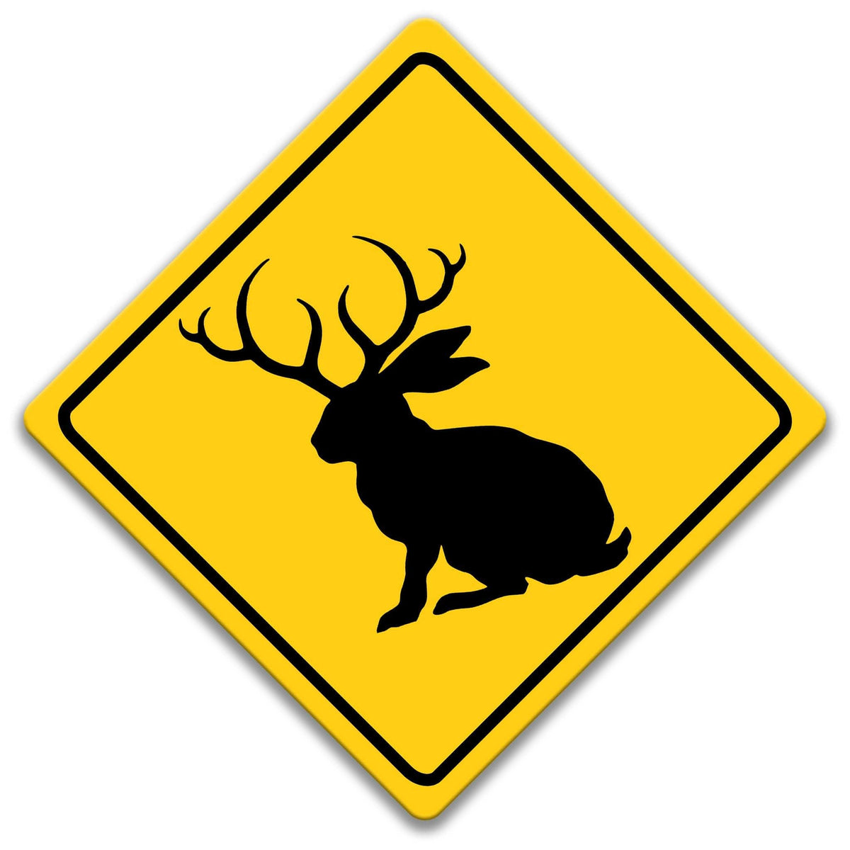 Jackalope crossing caution sign, yellow diamond road sign with black antlered jackalope silhouette