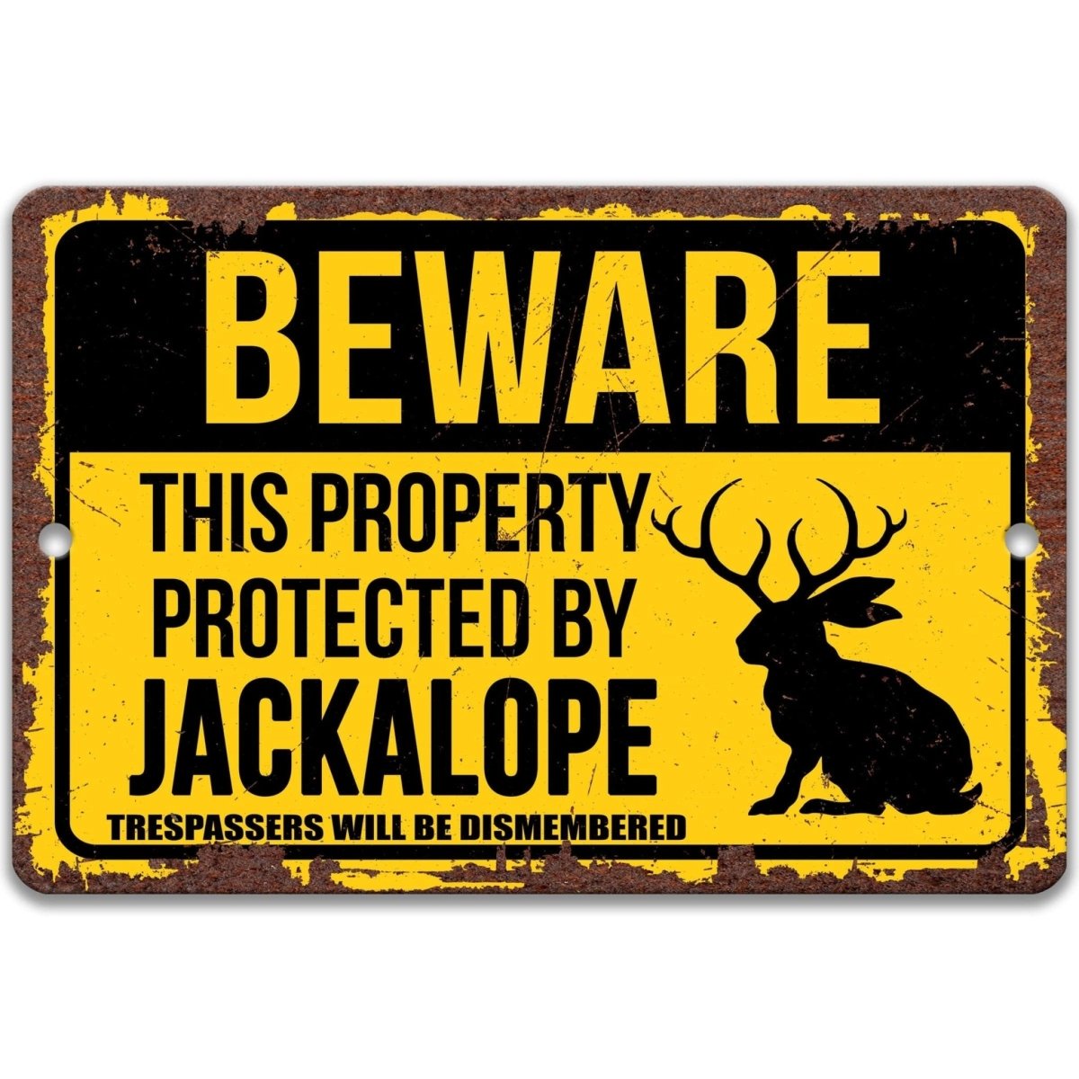 Jackalope property warning sign, clean red and black finish, beware this property protected by a jackalope no trespassing