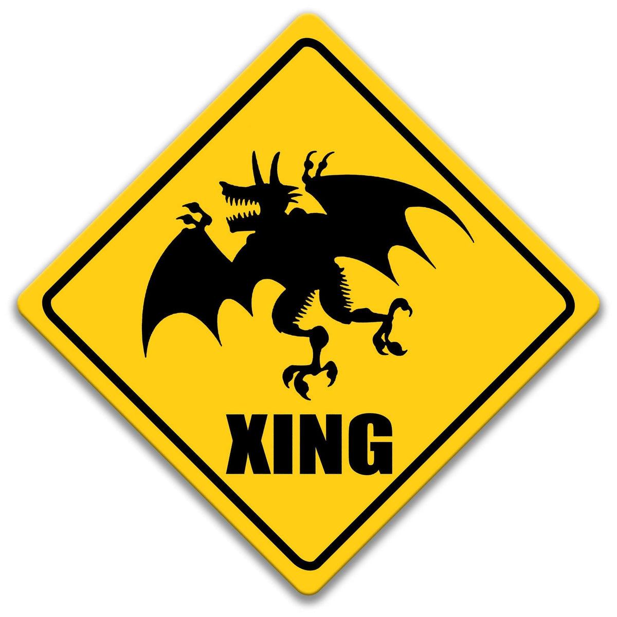 Jersey Devil crossing caution sign, yellow diamond road sign with black Jersey Devil silhouette and XING lettering