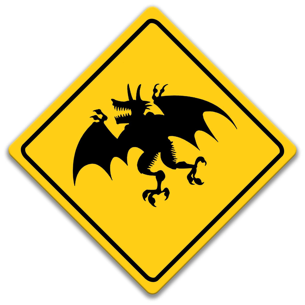 Jersey Devil crossing caution sign, yellow diamond road sign with black winged Jersey Devil silhouette