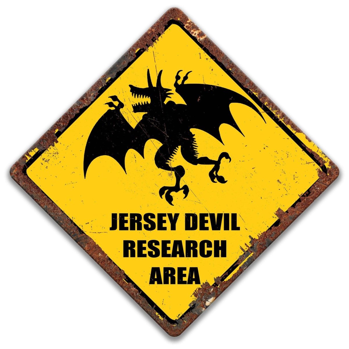 Jersey Devil research area sign, clean finish, Jersey Devil silhouette with JERSEY DEVIL RESEARCH AREA text