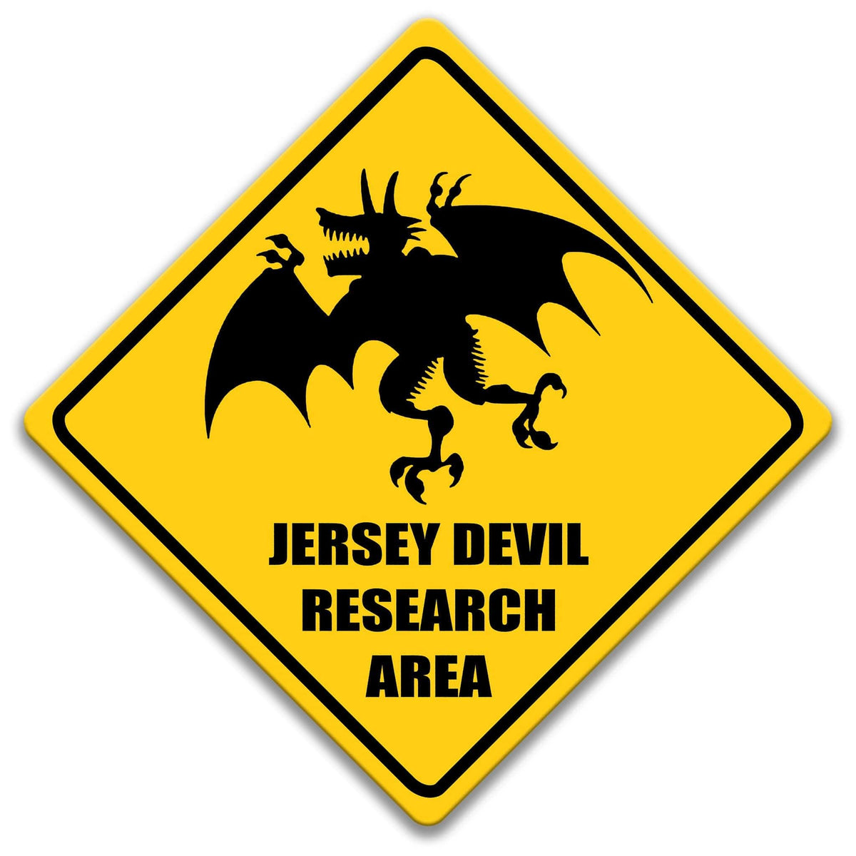 Jersey Devil research area sign, yellow diamond finish, Jersey Devil silhouette with JERSEY DEVIL RESEARCH AREA text
