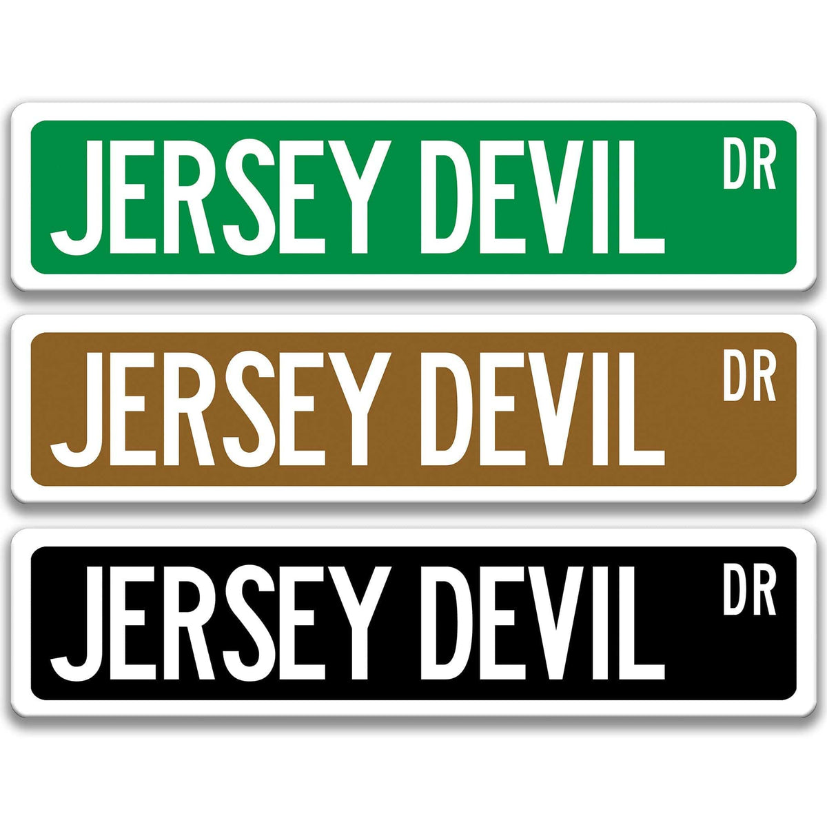 Jersey Devil street name sign shown in three aluminum color options, alternate layout