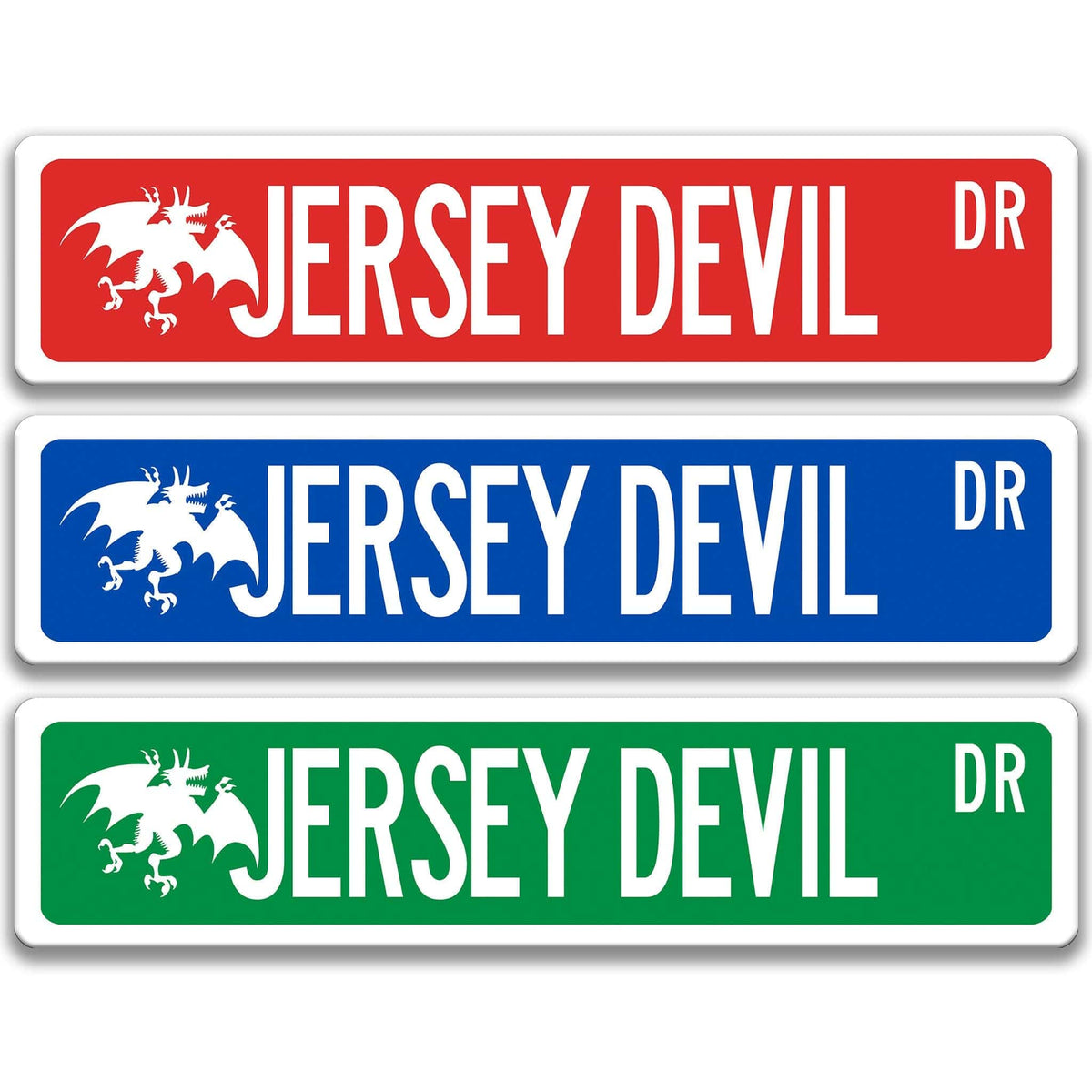 Jersey Devil street name sign shown in three aluminum color options