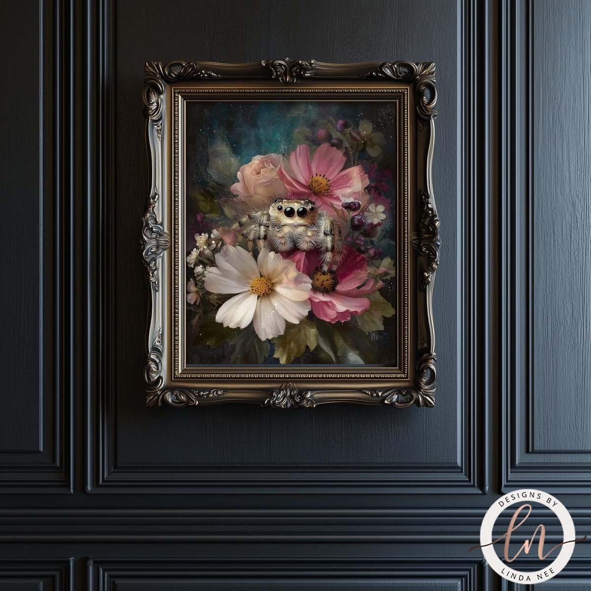 a framed painting of a spider sitting amidst a bouquet of flowers, with a dark background.