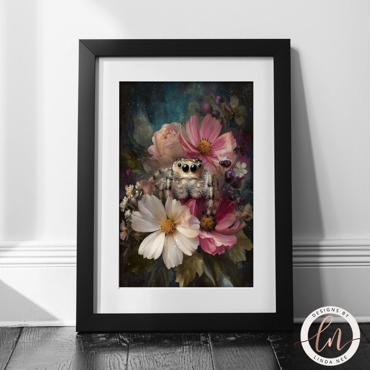 A framed artwork depicting a spider sitting amidst a vibrant floral arrangement.