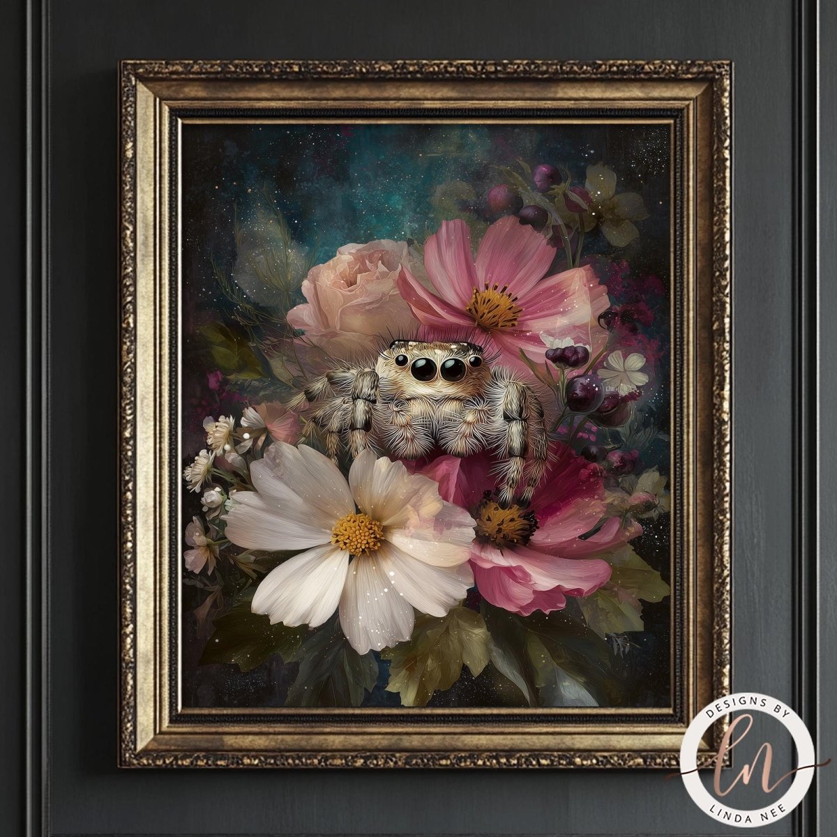 A framed painting depicting a spider sitting amidst a vibrant floral arrangement, with a dark background and a gold frame.