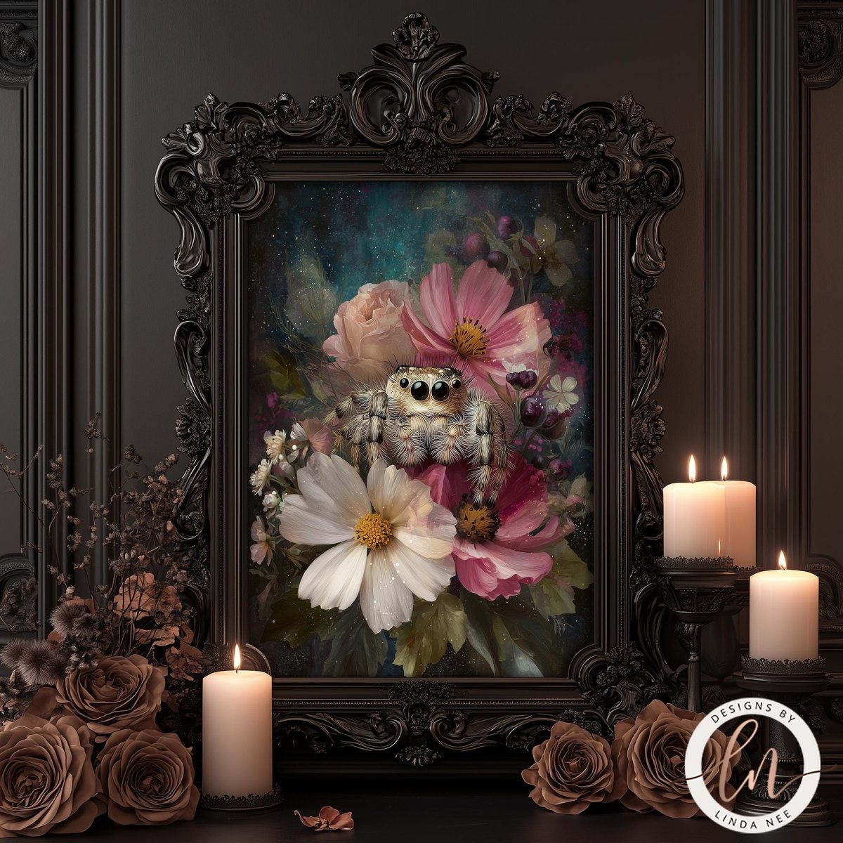 a framed painting of a spider surrounded by a variety of flowers, including roses and daisies, set against a dark background. The painting is displayed in an ornate, decorative frame, and there are lit candles placed around the frame, creating a warm and inviting atmosphere.